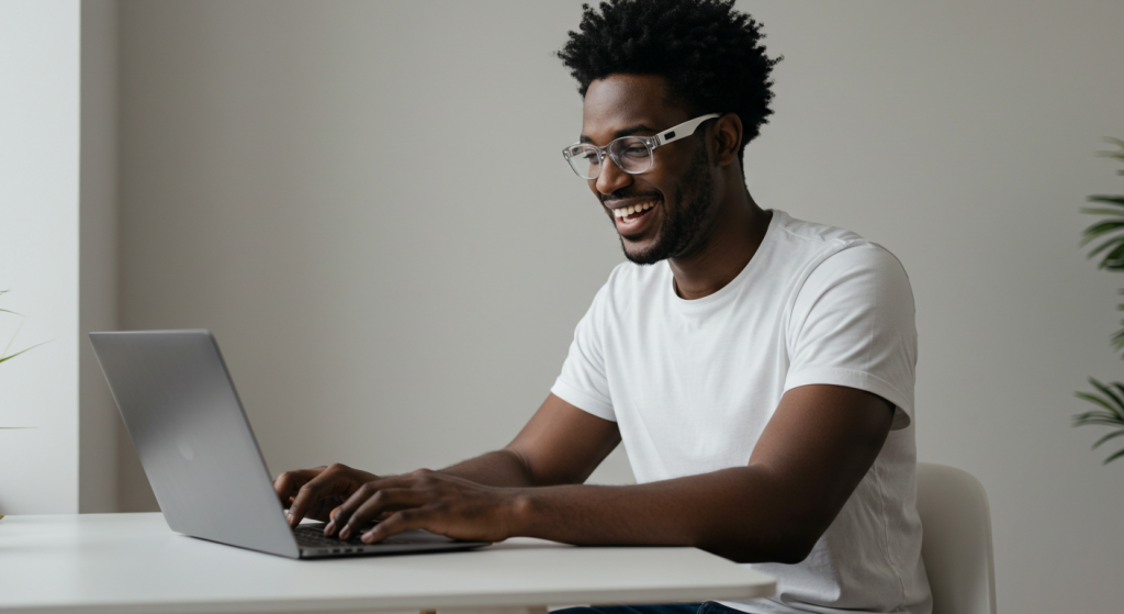 Young man Happy on the Laptop